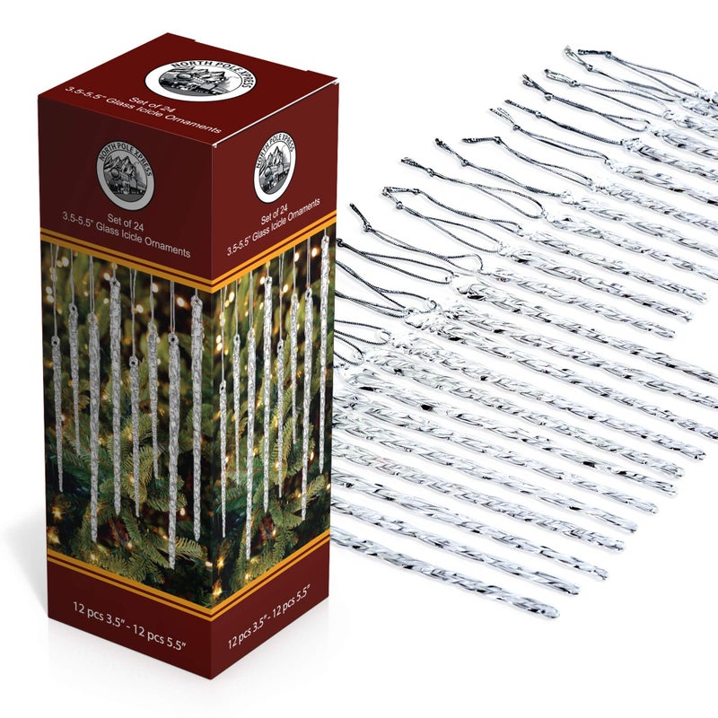 NorthPoleXpress Twisted Clear Glass Icicle Christmas Ornaments for Christmas Trees - Set of 24 Icicles Christmas Tree Decorations - Christmas Tree Ornaments Crystal - Image 1